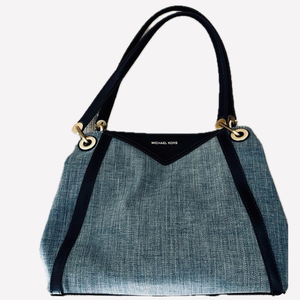 New Michael Kors Raven Stye Washed Denim Large Shoulder Bag with Leather Trim